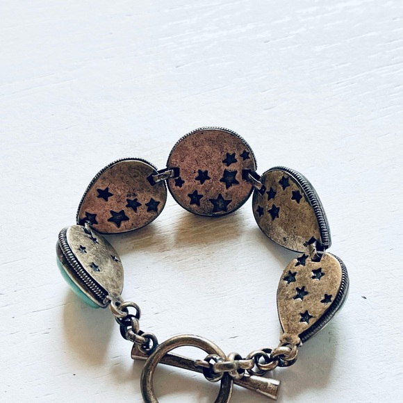 Lucky Brand Pave Faux Turquoise Cabochon Bracelet Antique Silver Tone Western - Picture 4 of 10